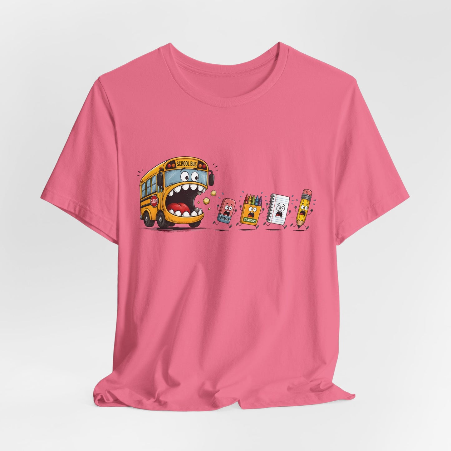 Monster School Bus Chasing School Supplies T-Shirt | Cute Cartoon Back-to-School Tee