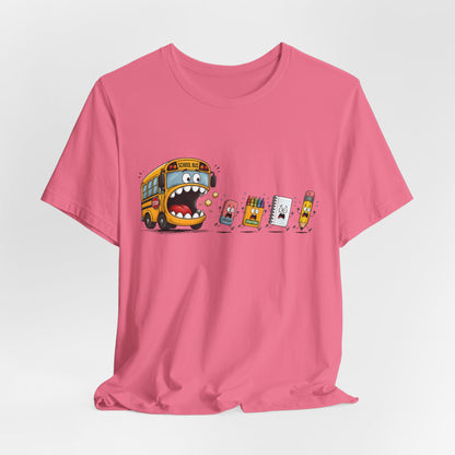 Monster School Bus Chasing School Supplies T-Shirt | Cute Cartoon Back-to-School Tee