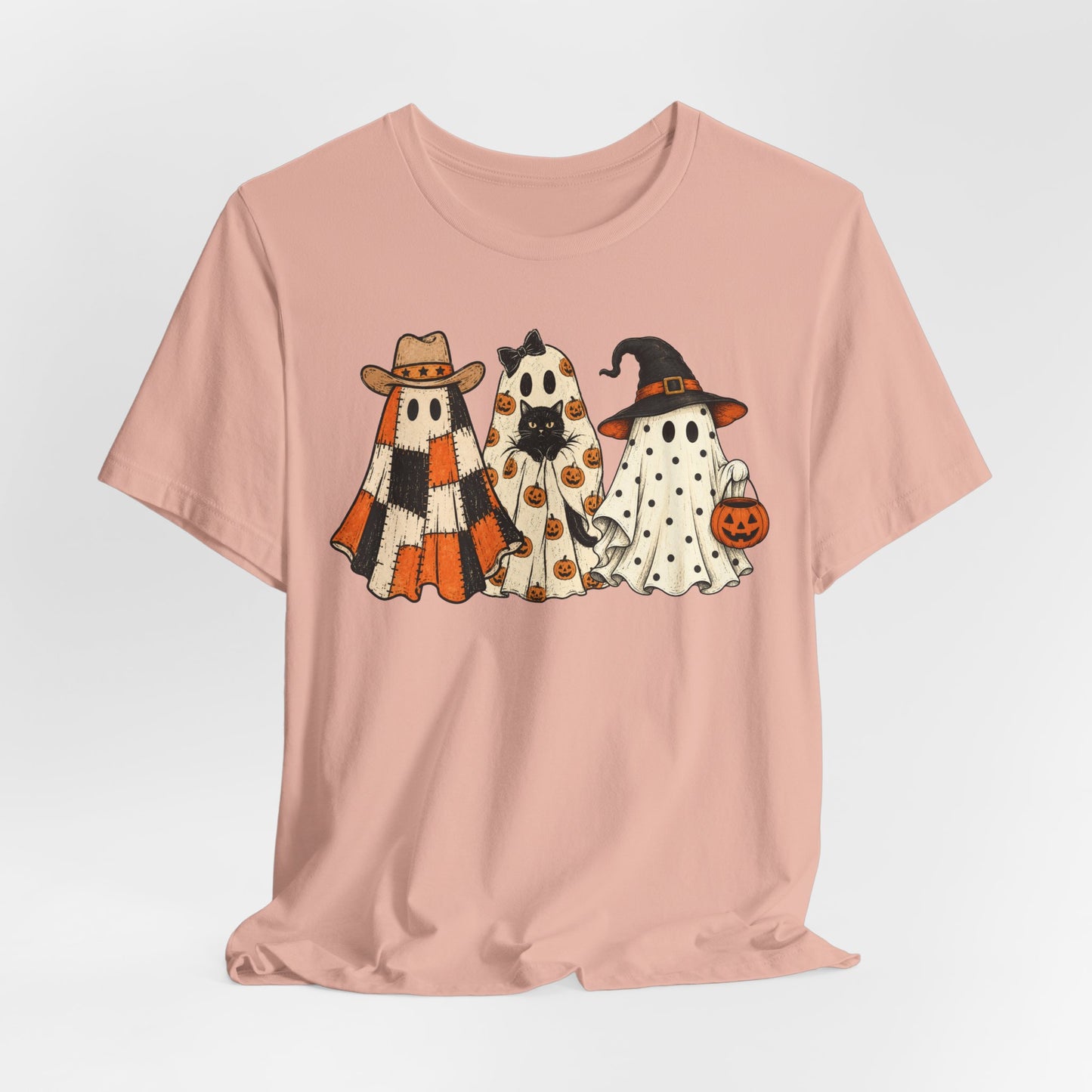 Halloween Ghost Trio T-Shirt — Cute Vintage Ghosts in Hats & Pumpkin Candy Bucket