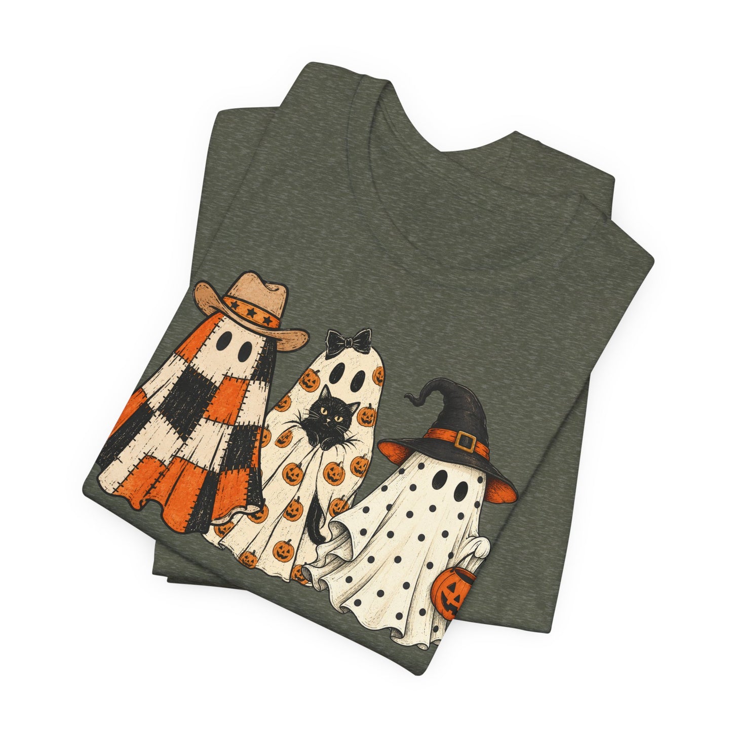 Halloween Ghost Trio T-Shirt — Cute Vintage Ghosts in Hats & Pumpkin Candy Bucket