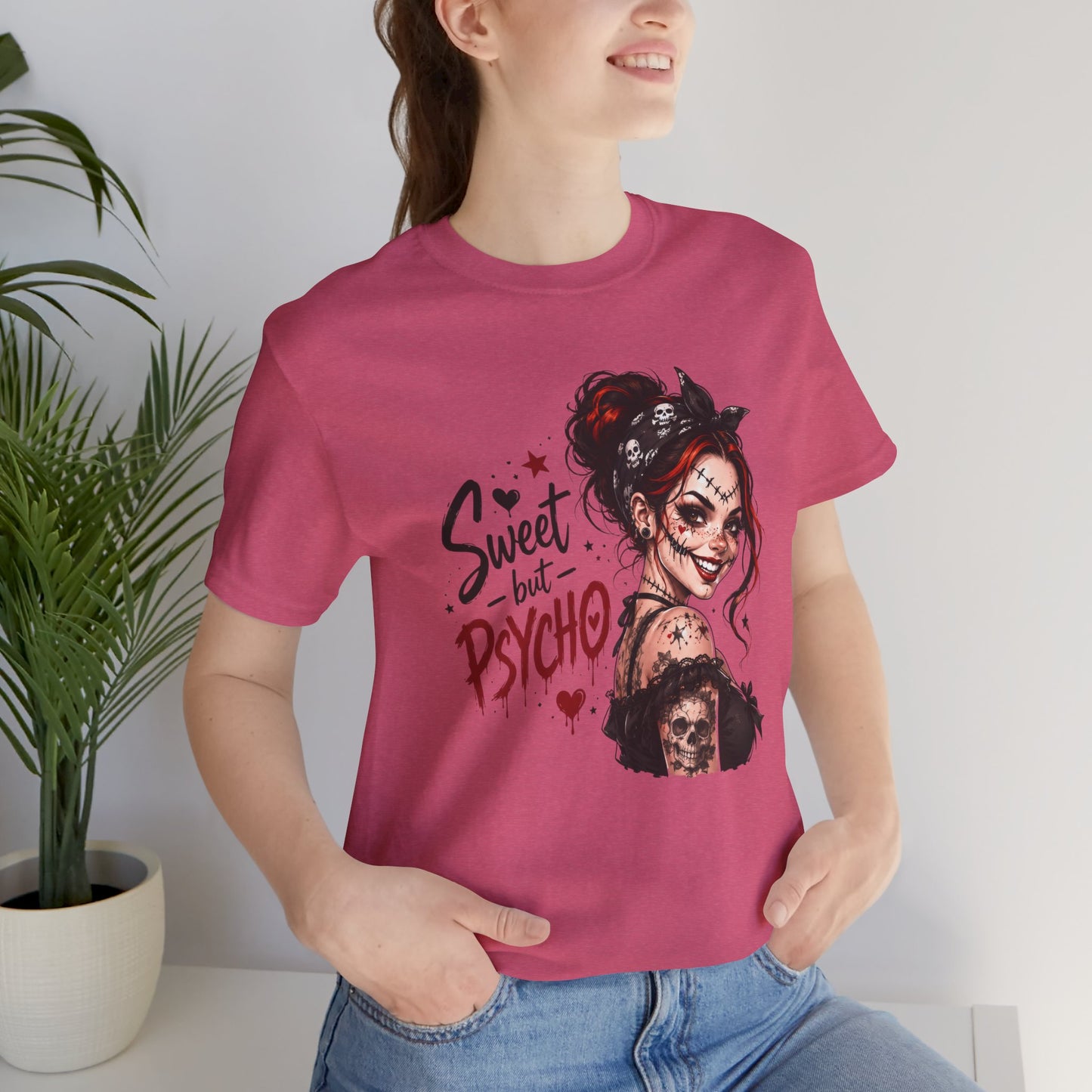 Sweet but Psycho Girl Portrait T-Shirt | Gothic Pinup Skull Art