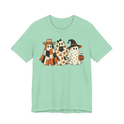 Halloween Ghost Trio T-Shirt — Cute Vintage Ghosts in Hats & Pumpkin Candy Bucket
