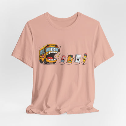 Monster School Bus Chasing School Supplies T-Shirt | Cute Cartoon Back-to-School Tee
