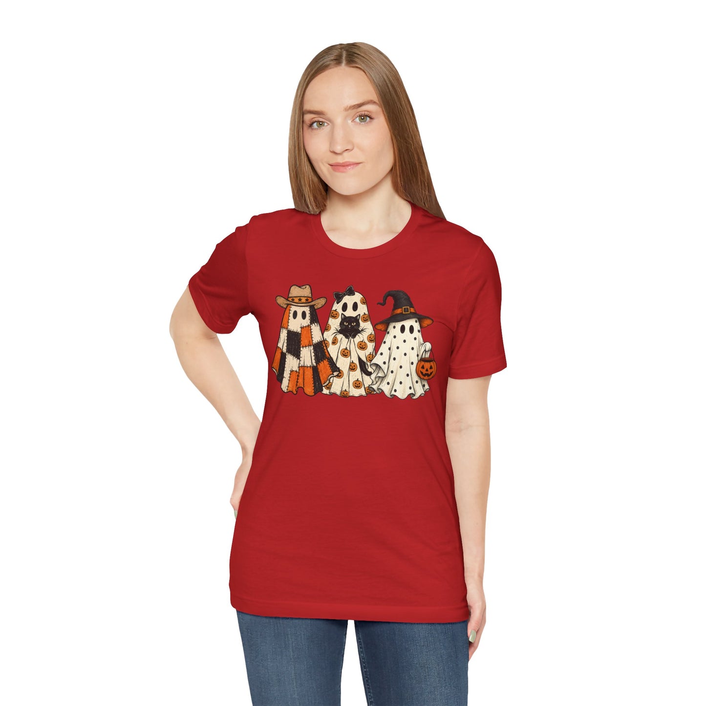 Halloween Ghost Trio T-Shirt — Cute Vintage Ghosts in Hats & Pumpkin Candy Bucket