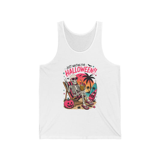 Halloween Beach Tank Top — "Just Waiting for Halloween" Skeleton Surfing Tank