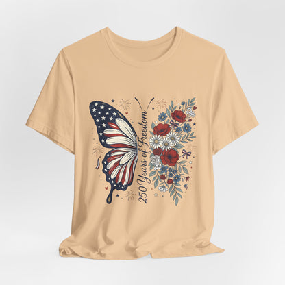 Butterfly Flag T-Shirt – "250 Years of Freedom" Patriotic Floral Tee
