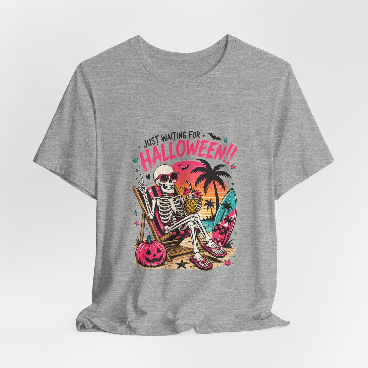 Just Waiting for Halloween Skeleton Beach Scene T-Shirt | Halloween Tee