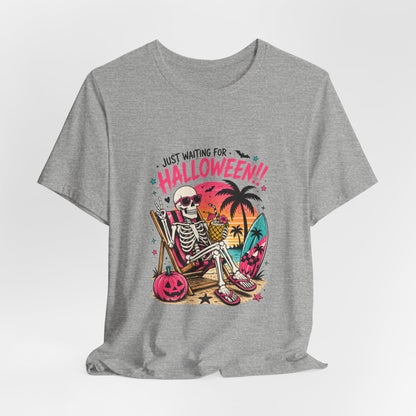 Just Waiting for Halloween Skeleton Beach Scene T-Shirt | Halloween Tee