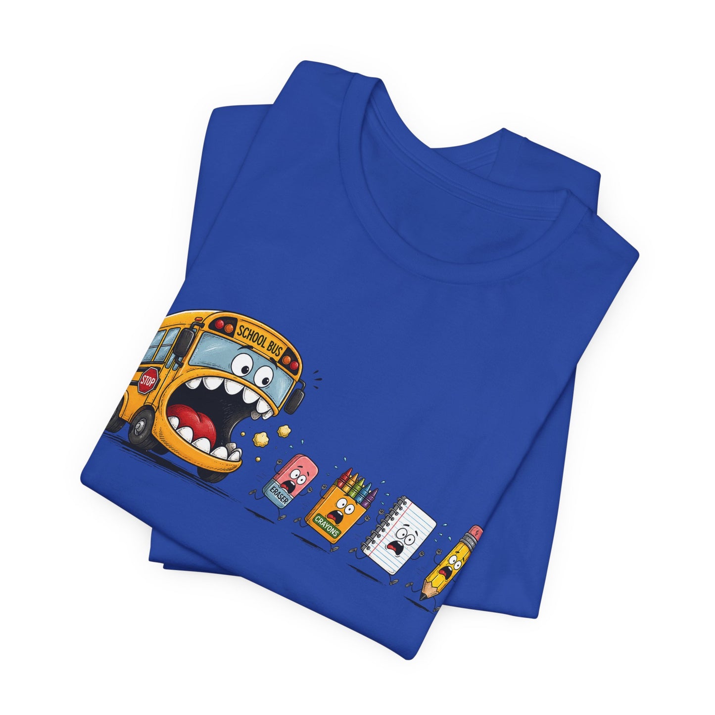Monster School Bus Chasing School Supplies T-Shirt | Cute Cartoon Back-to-School Tee