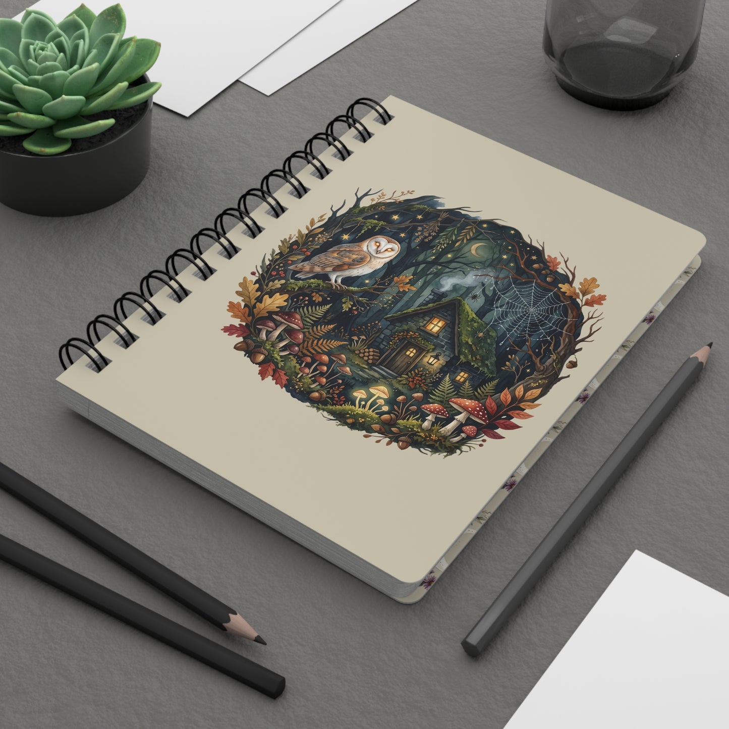 Woodland Owl Cottage Spiral Bound Journal | Forest Cabin Night Illustration