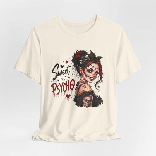 Sweet but Psycho Girl Portrait T-Shirt | Gothic Pinup Skull Art