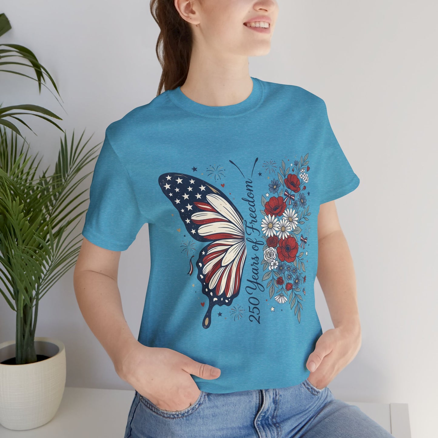Butterfly Flag T-Shirt – "250 Years of Freedom" Patriotic Floral Tee