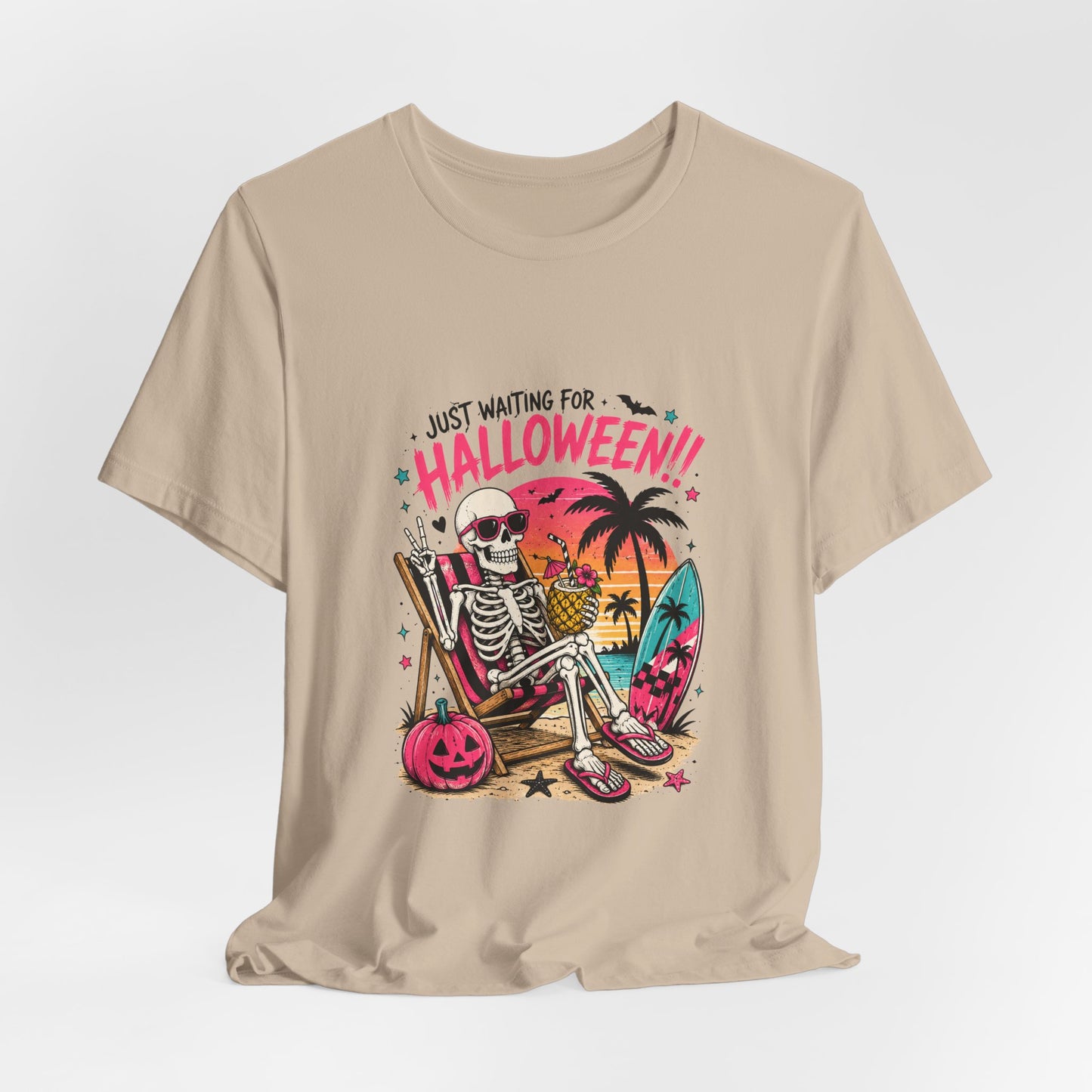 Just Waiting for Halloween Skeleton Beach Scene T-Shirt | Halloween Tee