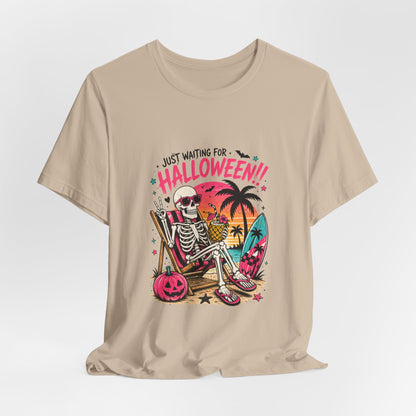 Just Waiting for Halloween Skeleton Beach Scene T-Shirt | Halloween Tee