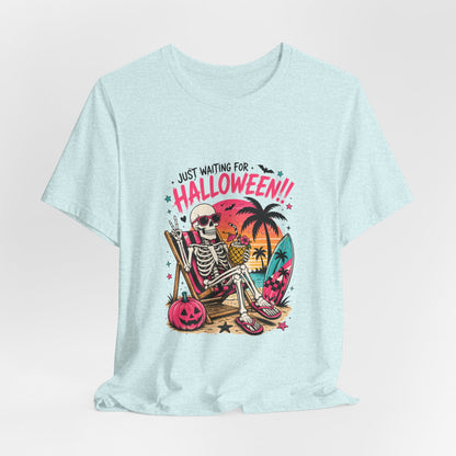 Just Waiting for Halloween Skeleton Beach Scene T-Shirt | Halloween Tee