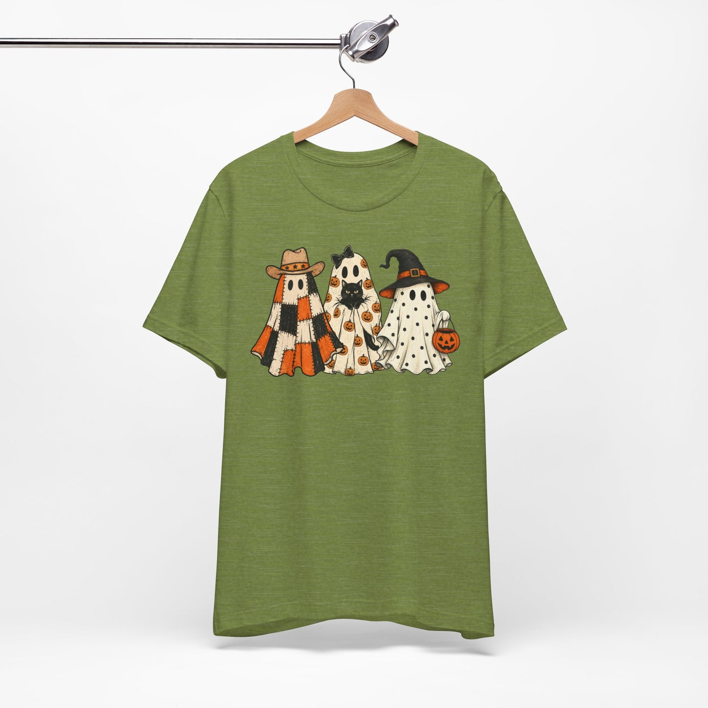 Halloween Ghost Trio T-Shirt — Cute Vintage Ghosts in Hats & Pumpkin Candy Bucket