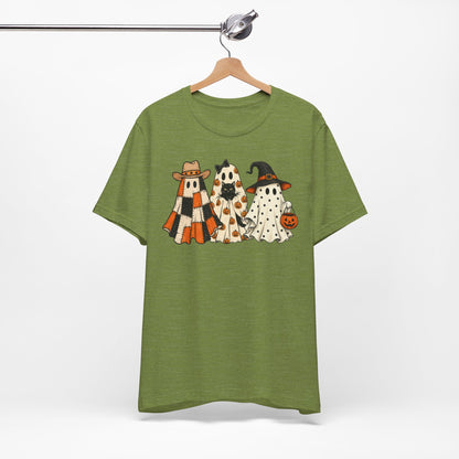 Halloween Ghost Trio T-Shirt — Cute Vintage Ghosts in Hats & Pumpkin Candy Bucket