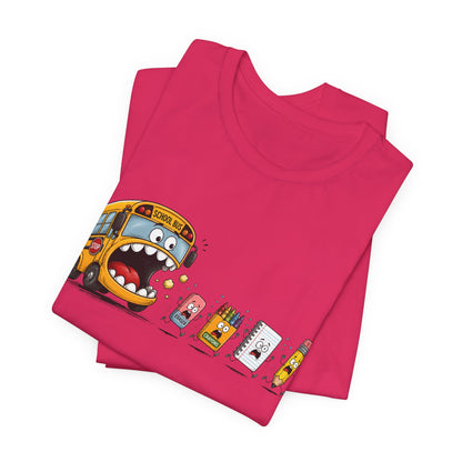 Monster School Bus Chasing School Supplies T-Shirt | Cute Cartoon Back-to-School Tee