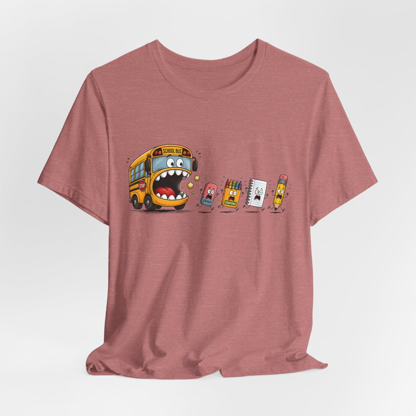 Monster School Bus Chasing School Supplies T-Shirt | Cute Cartoon Back-to-School Tee
