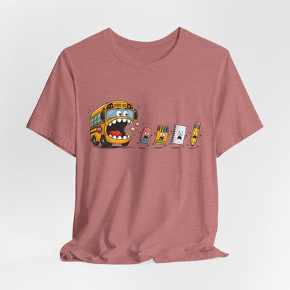 Monster School Bus Chasing School Supplies T-Shirt | Cute Cartoon Back-to-School Tee