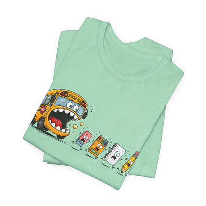 Monster School Bus Chasing School Supplies T-Shirt | Cute Cartoon Back-to-School Tee