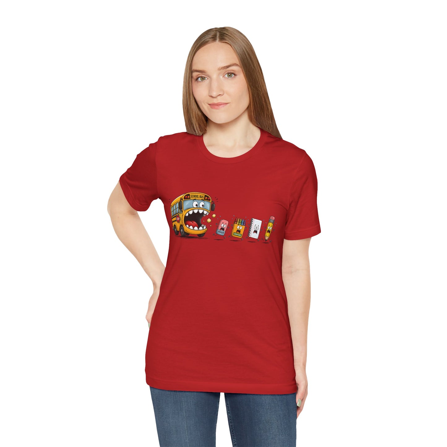 Monster School Bus Chasing School Supplies T-Shirt | Cute Cartoon Back-to-School Tee