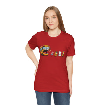Monster School Bus Chasing School Supplies T-Shirt | Cute Cartoon Back-to-School Tee