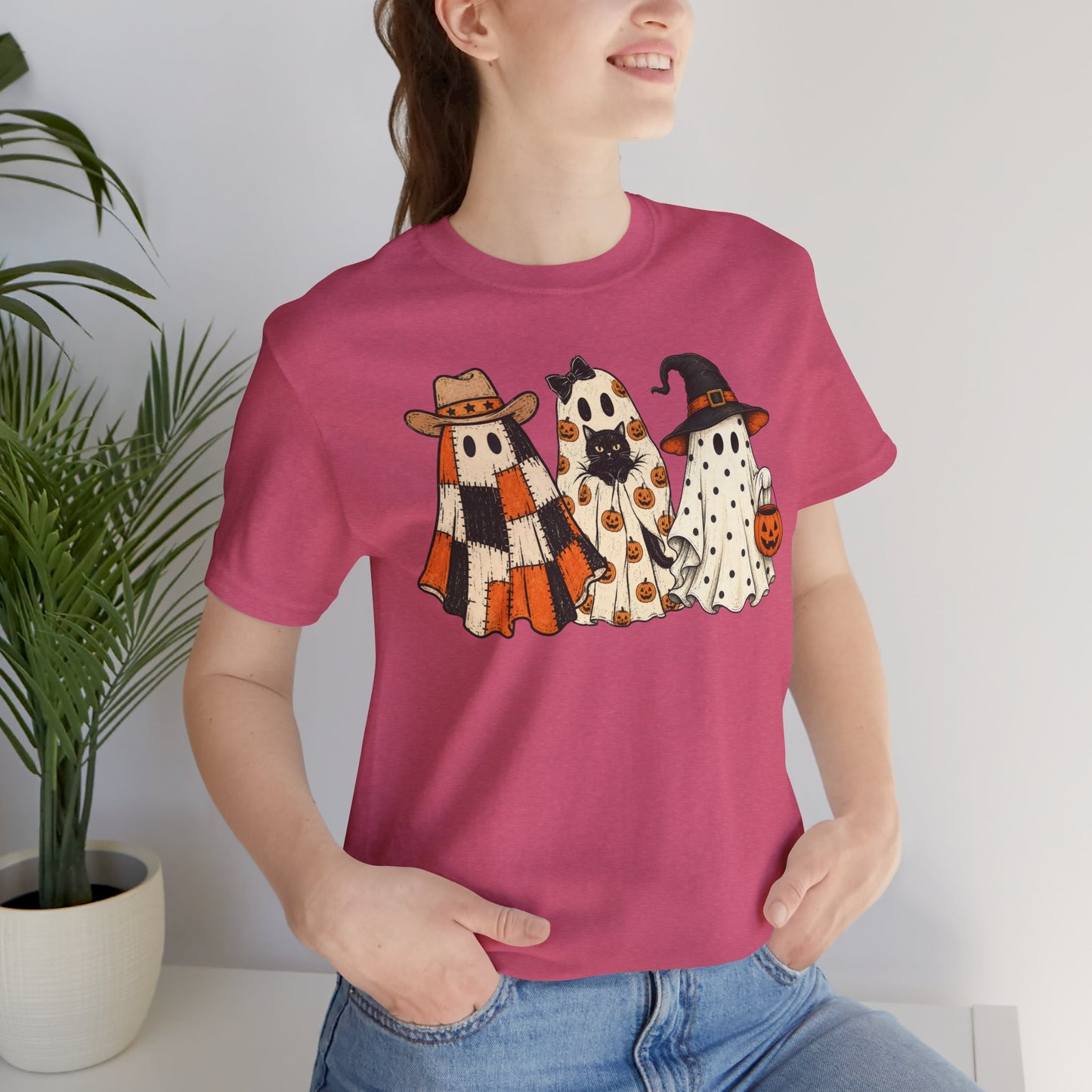 Halloween Ghost Trio T-Shirt — Cute Vintage Ghosts in Hats & Pumpkin Candy Bucket