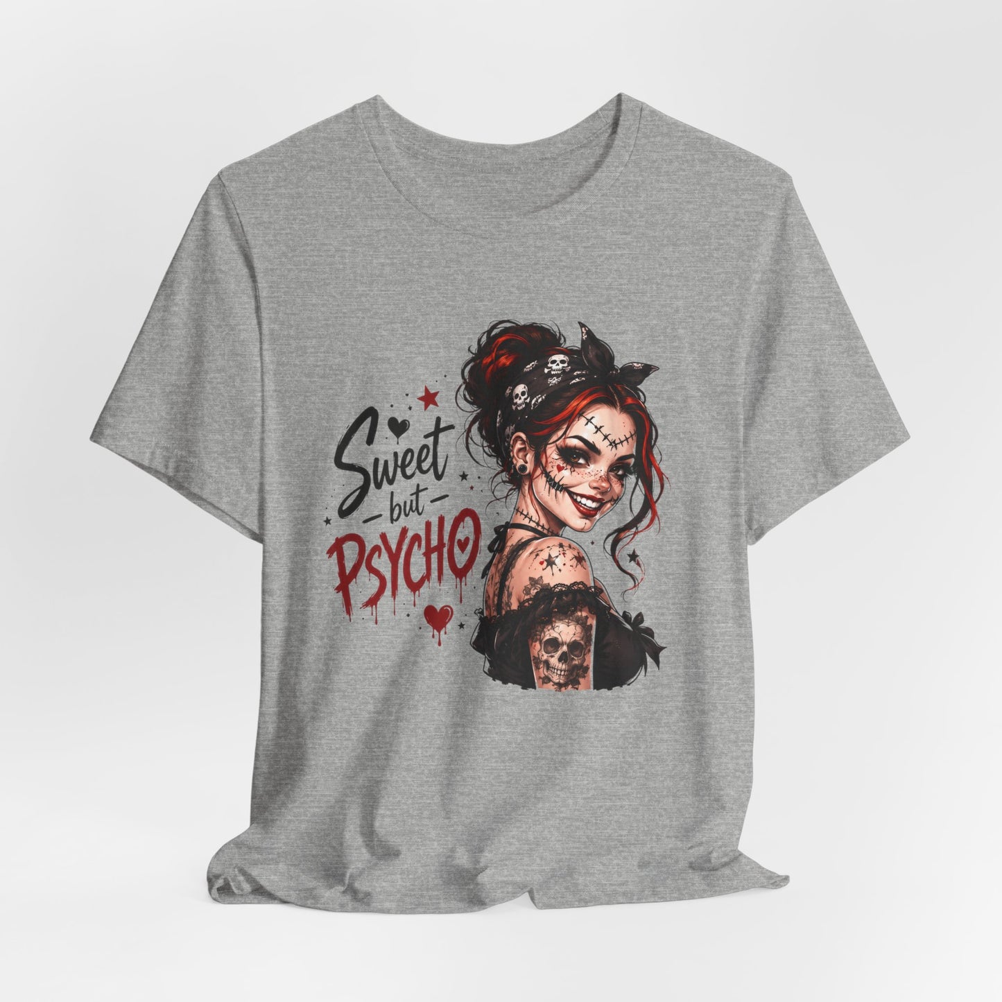 Sweet but Psycho Girl Portrait T-Shirt | Gothic Pinup Skull Art