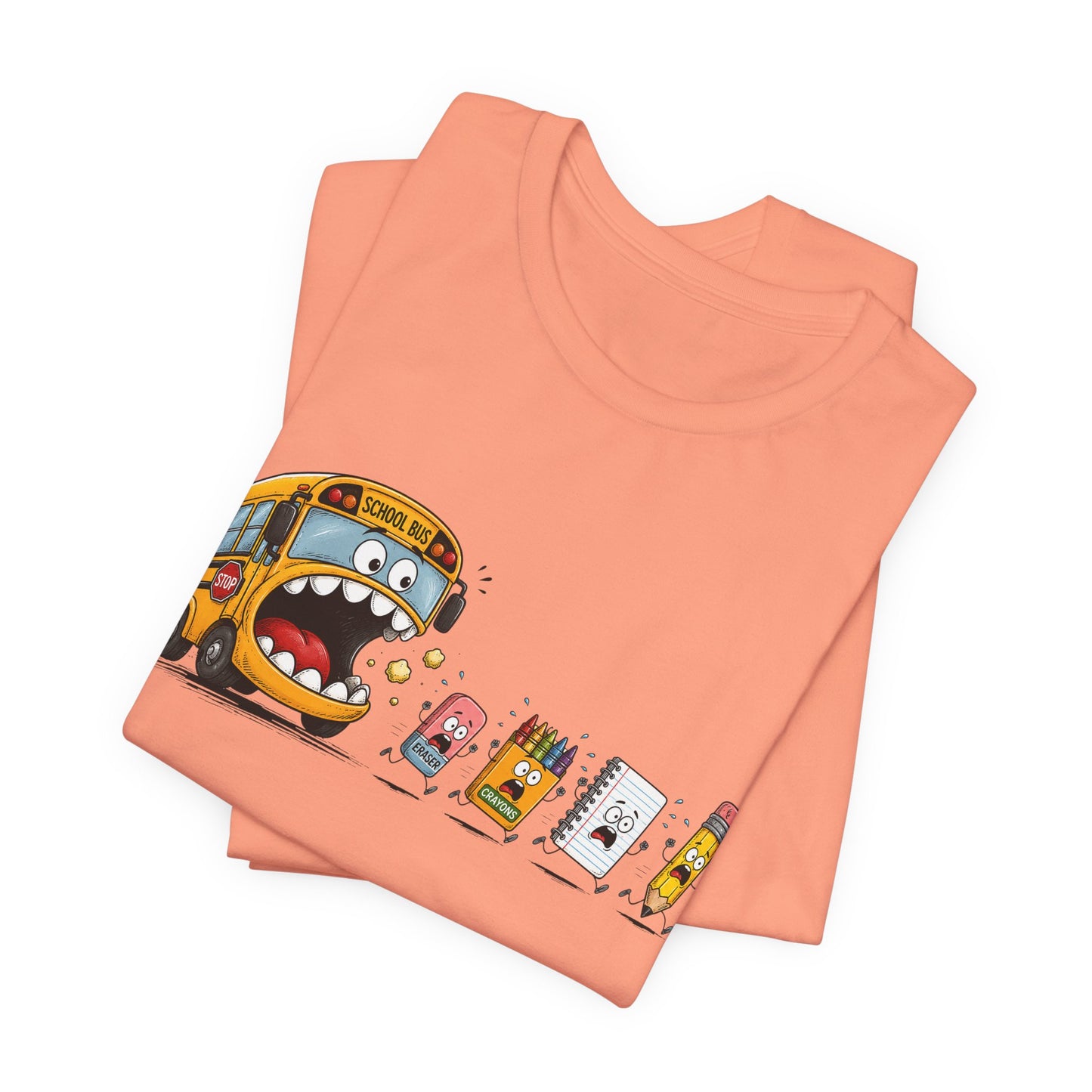 Monster School Bus Chasing School Supplies T-Shirt | Cute Cartoon Back-to-School Tee