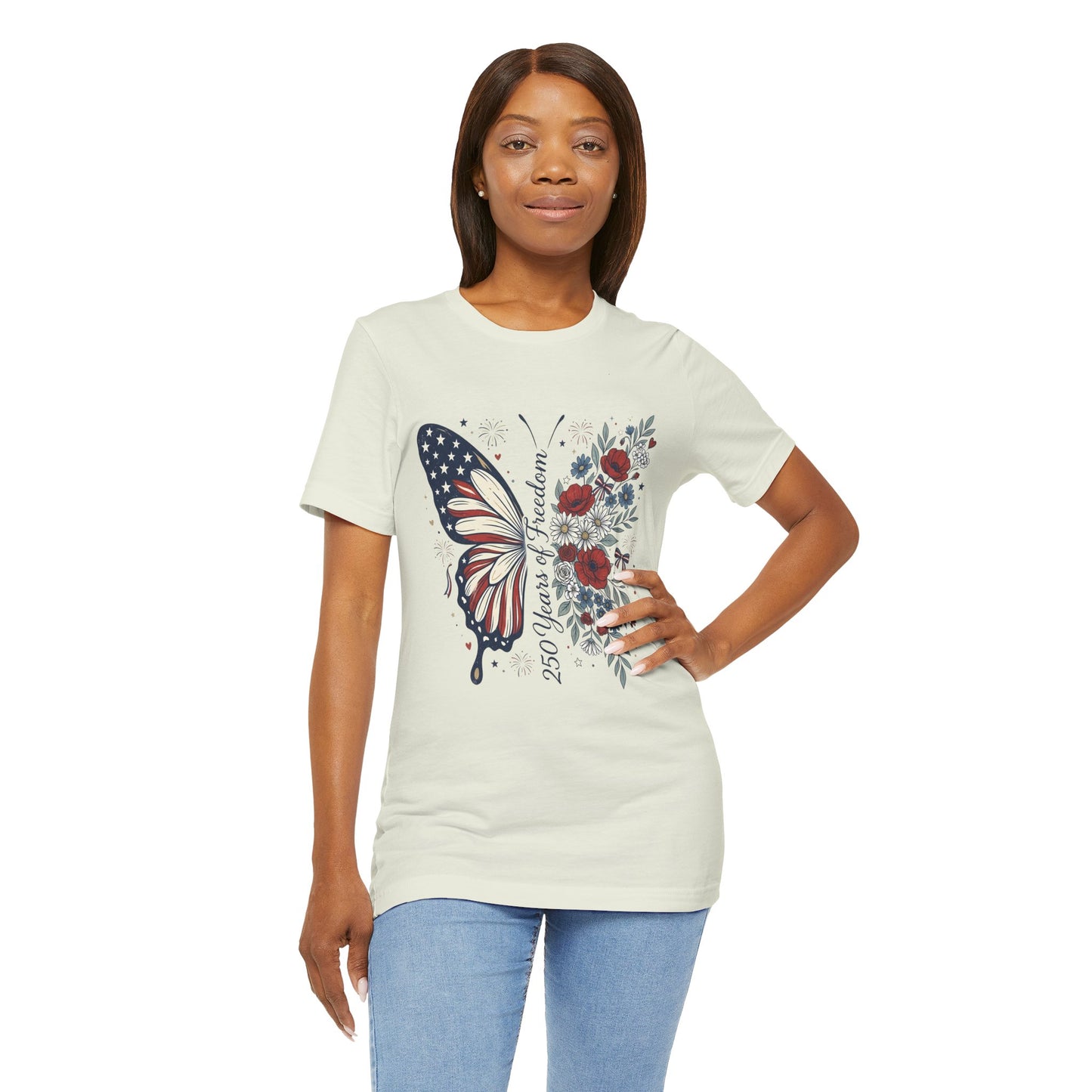 Butterfly Flag T-Shirt – "250 Years of Freedom" Patriotic Floral Tee