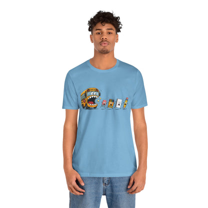Monster School Bus Chasing School Supplies T-Shirt | Cute Cartoon Back-to-School Tee
