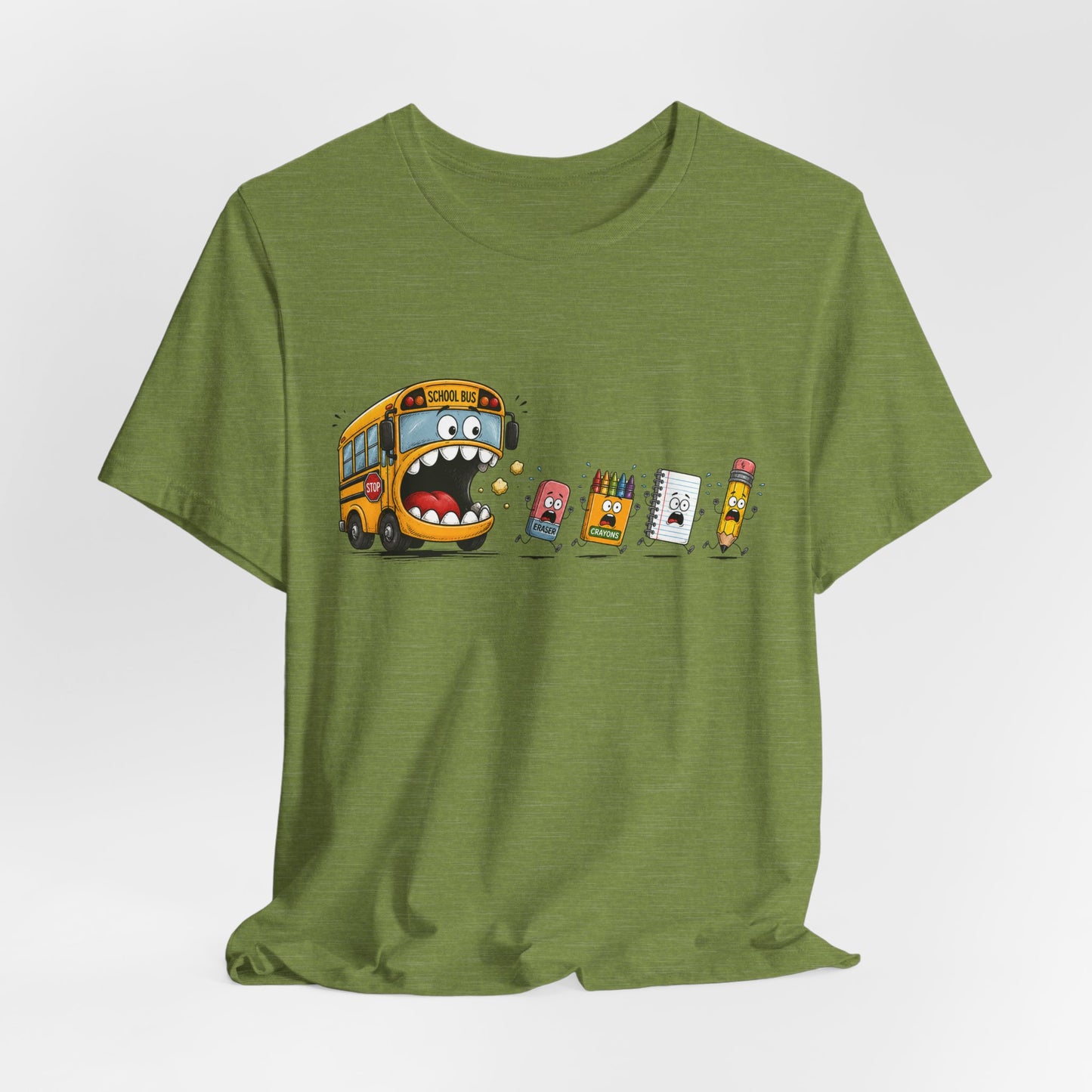 Monster School Bus Chasing School Supplies T-Shirt | Cute Cartoon Back-to-School Tee
