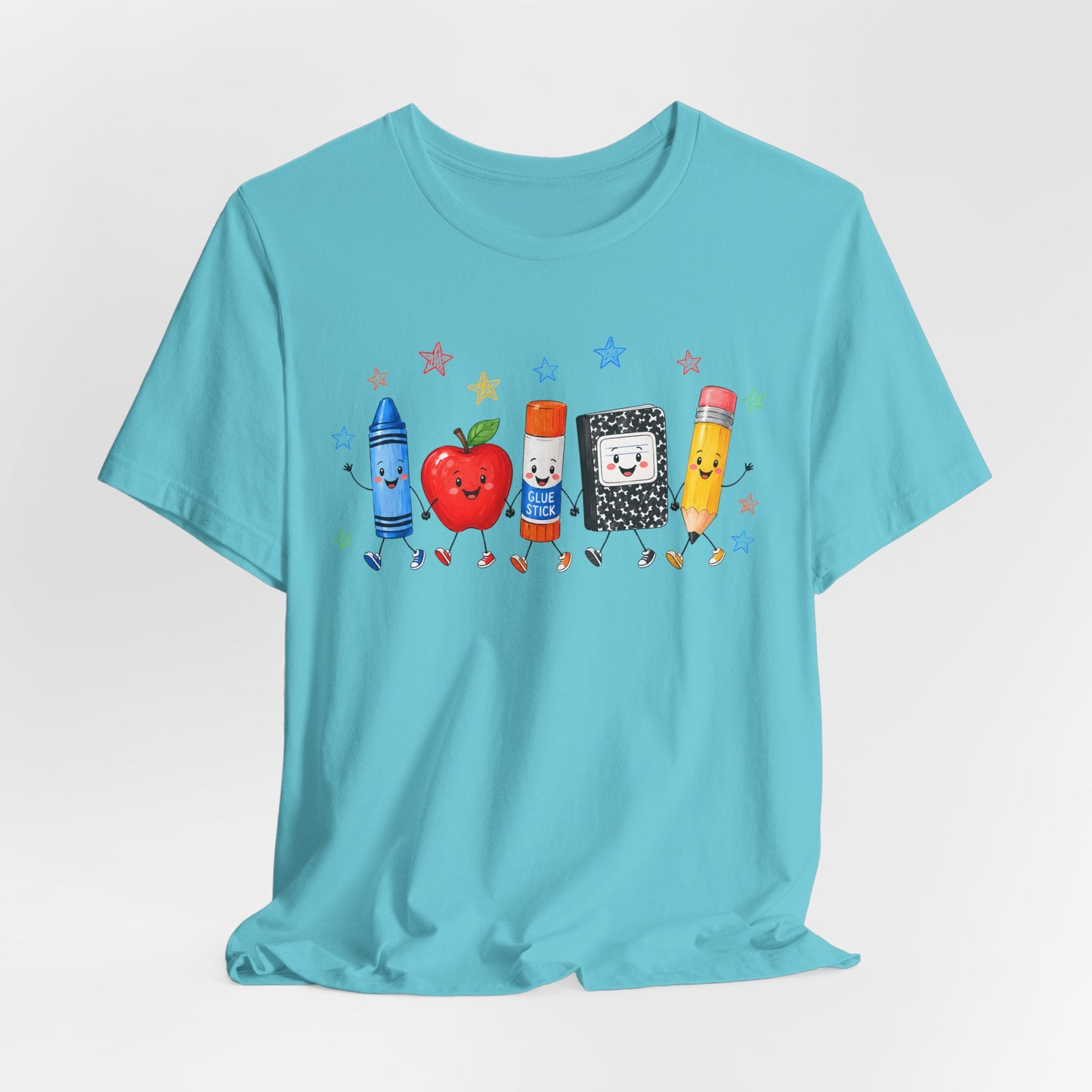 School Supplies Friends T-Shirt | Cute Crayon Apple Glue Pencil Notebook Design