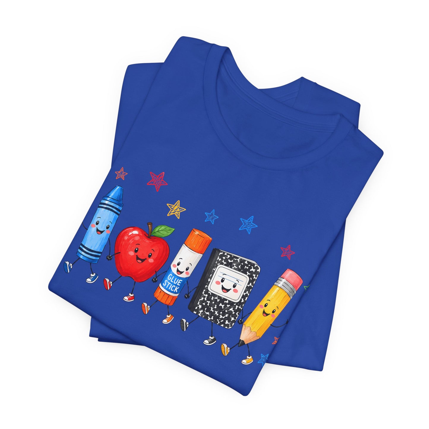 School Supplies Friends T-Shirt | Cute Crayon Apple Glue Pencil Notebook Design