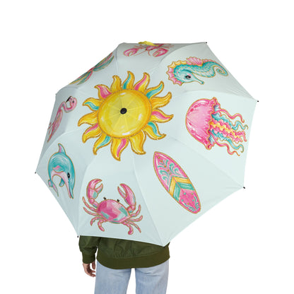 Watercolor Beach Sun, Dolphin, Flamingo Umbrella | Tropical Sea Creatures Print