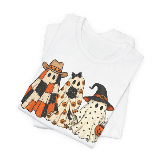 Halloween Ghost Trio T-Shirt — Cute Vintage Ghosts in Hats & Pumpkin Candy Bucket