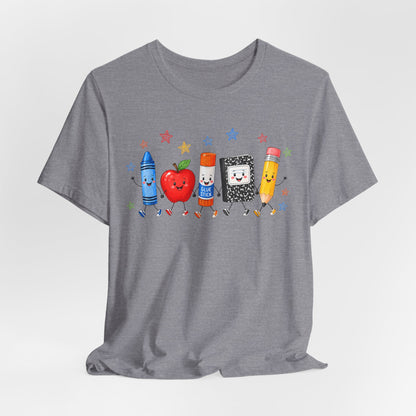 School Supplies Friends T-Shirt | Cute Crayon Apple Glue Pencil Notebook Design