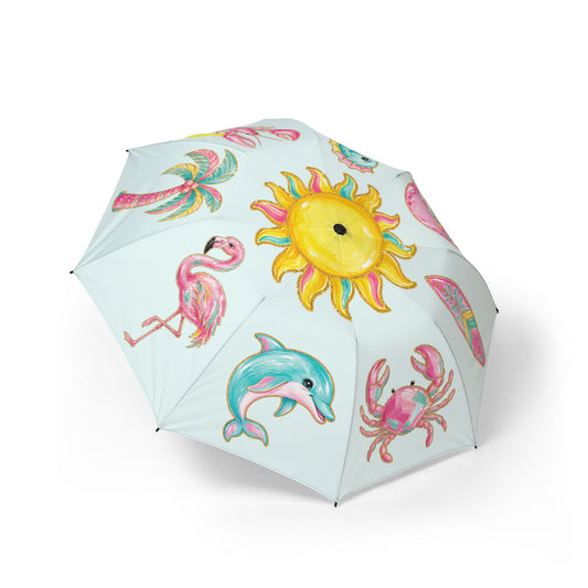 Watercolor Beach Sun, Dolphin, Flamingo Umbrella | Tropical Sea Creatures Print