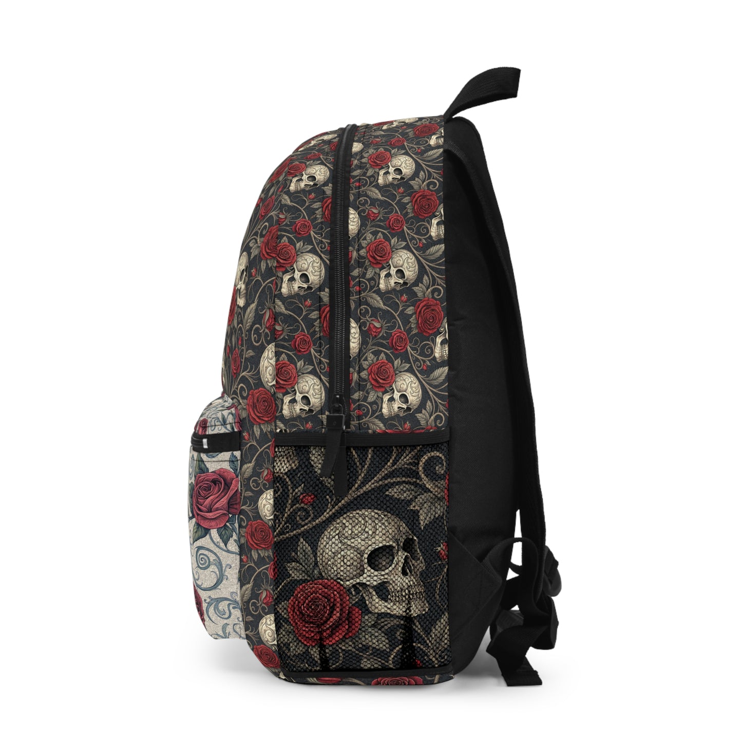 Skull and Red Roses Backpack | Gothic Floral Skull Pattern