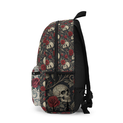Skull and Red Roses Backpack | Gothic Floral Skull Pattern