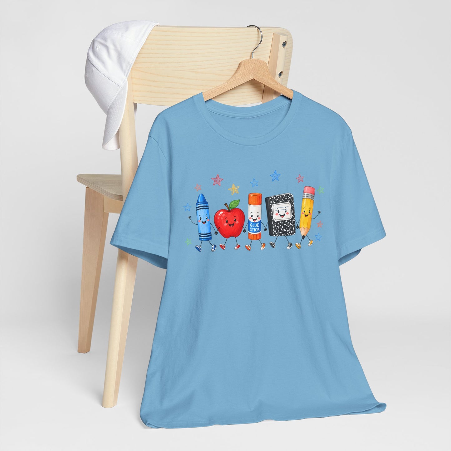 School Supplies Friends T-Shirt | Cute Crayon Apple Glue Pencil Notebook Design