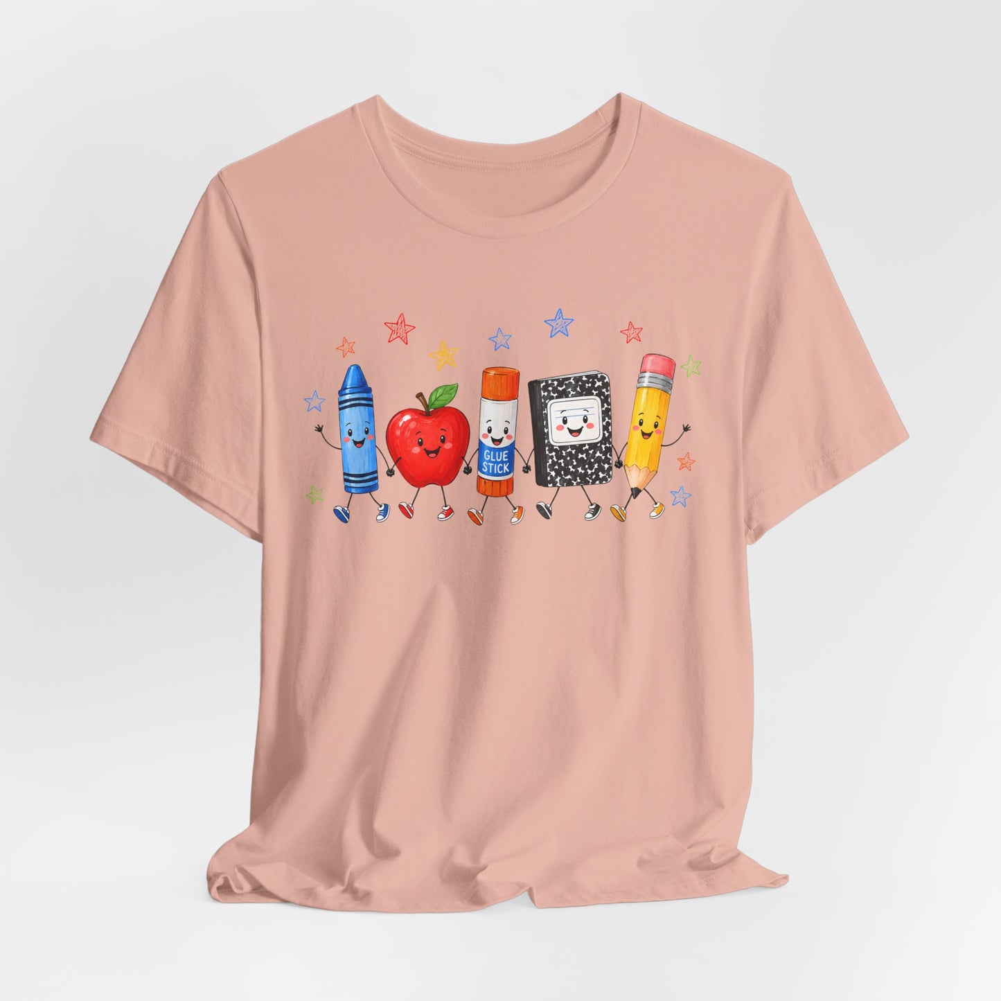 School Supplies Friends T-Shirt | Cute Crayon Apple Glue Pencil Notebook Design