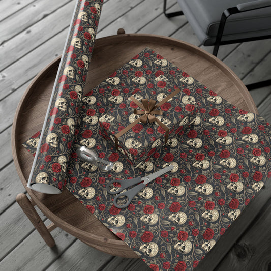 Skull and Red Rose Gift Wrap Paper | Gothic Floral Wrapping Paper