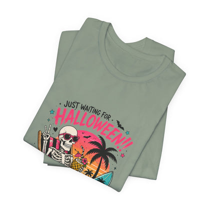 Just Waiting for Halloween Skeleton Beach Scene T-Shirt | Halloween Tee