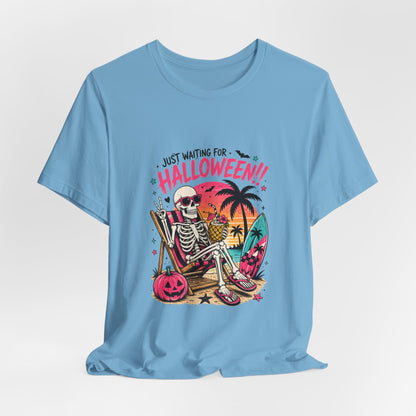 Just Waiting for Halloween Skeleton Beach Scene T-Shirt | Halloween Tee