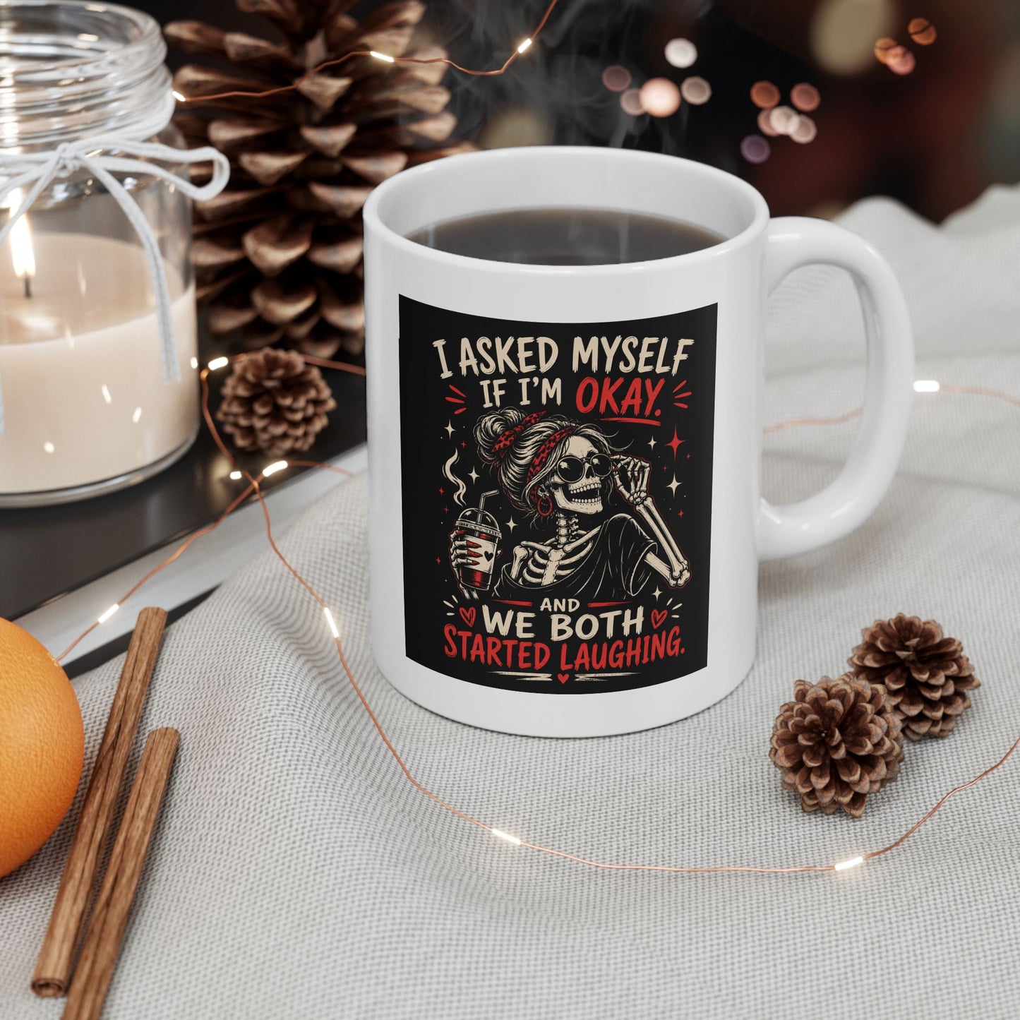 Skeleton Chef Ceramic Mug — "I Asked Myself If Im OK" Gothic Skull Coffee Cup (11oz/15oz)