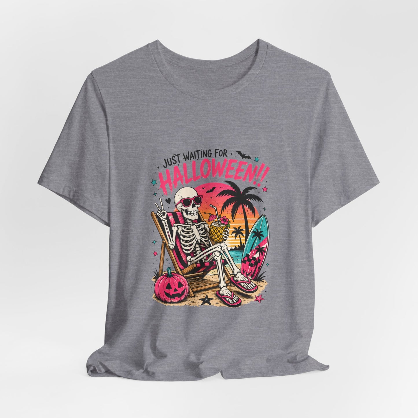 Just Waiting for Halloween Skeleton Beach Scene T-Shirt | Halloween Tee