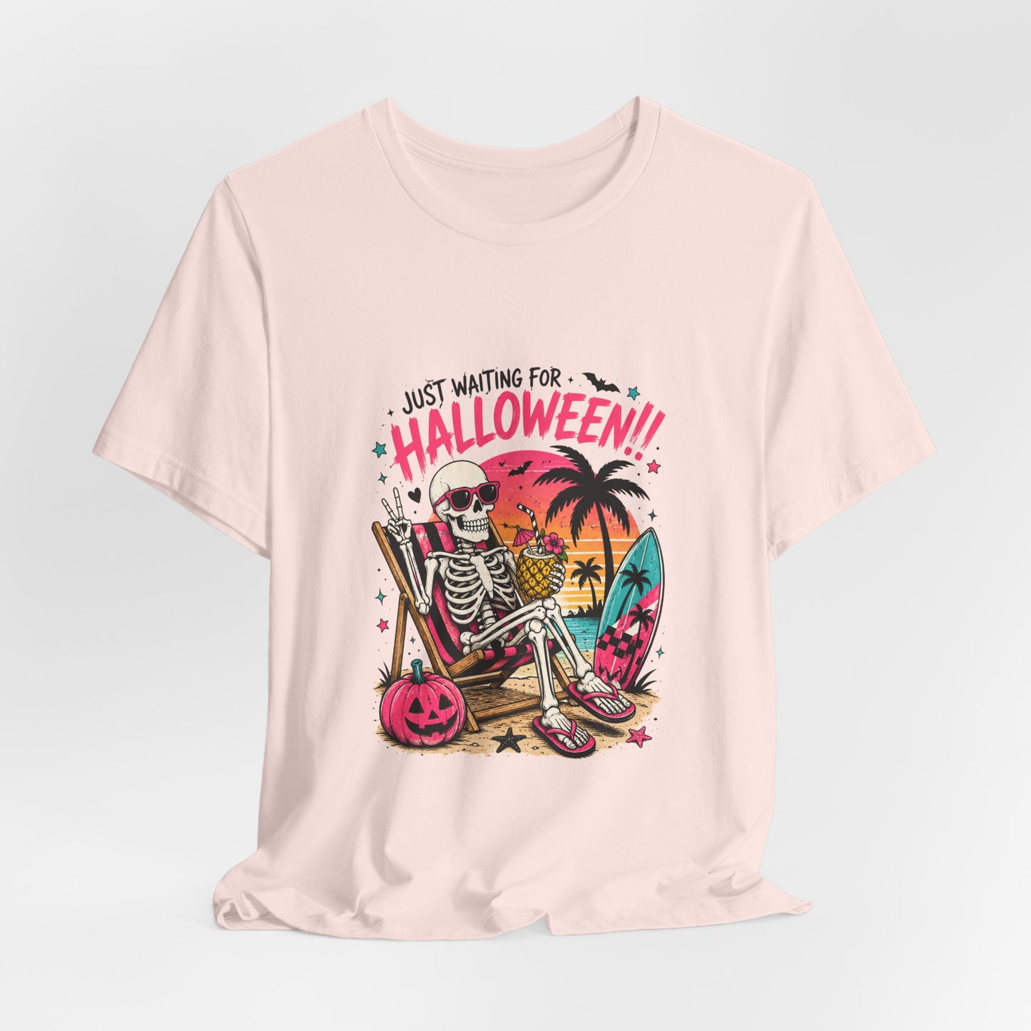 Just Waiting for Halloween Skeleton Beach Scene T-Shirt | Halloween Tee