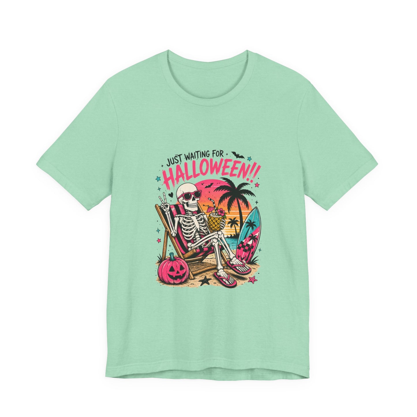 Just Waiting for Halloween Skeleton Beach Scene T-Shirt | Halloween Tee